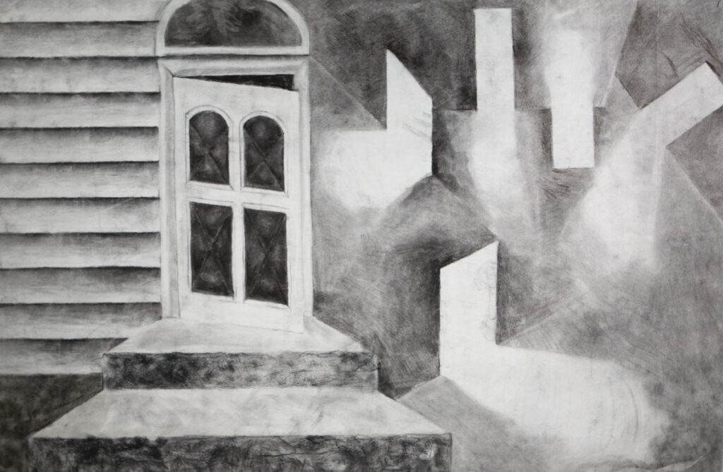 "Recurring Nightmare: Locations" by Ellice Park, aka, Gloria Molyneux. 2011. Charcoal on paper. 41x62.5 in. Photo by Lauren Pond. "Breathe and Bloom" exhibit, February 8 - March 17, 2017.